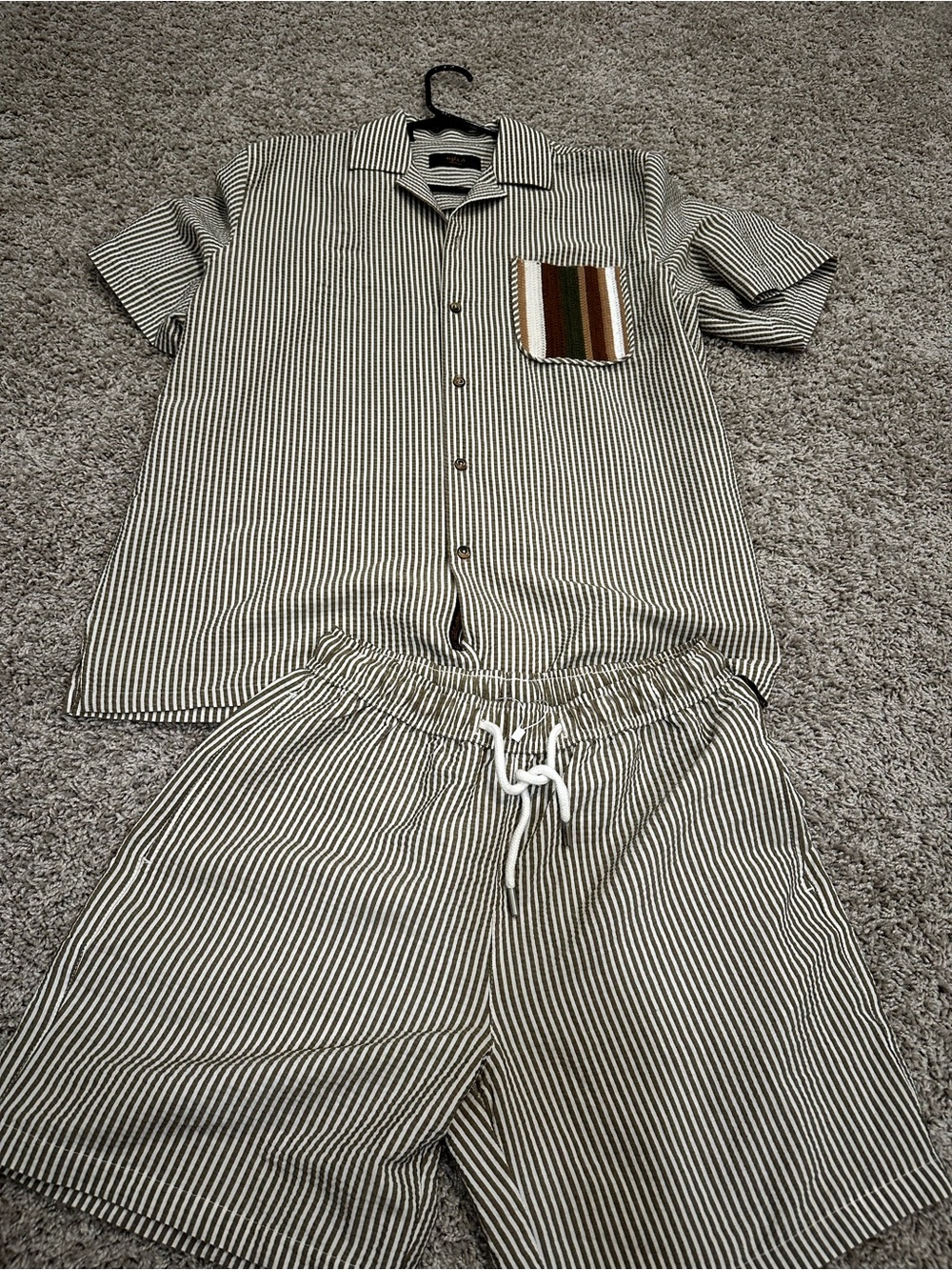 Eight X Striped Two-Piece Shirt and Short Set with Multicolor Pocket